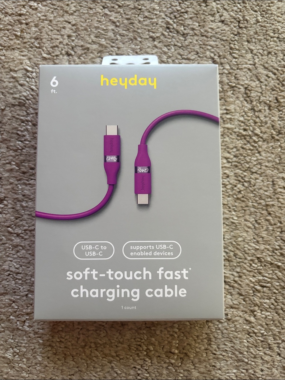heyday Purple Soft-Touch Fast USB-C to USB-C Charging Cable